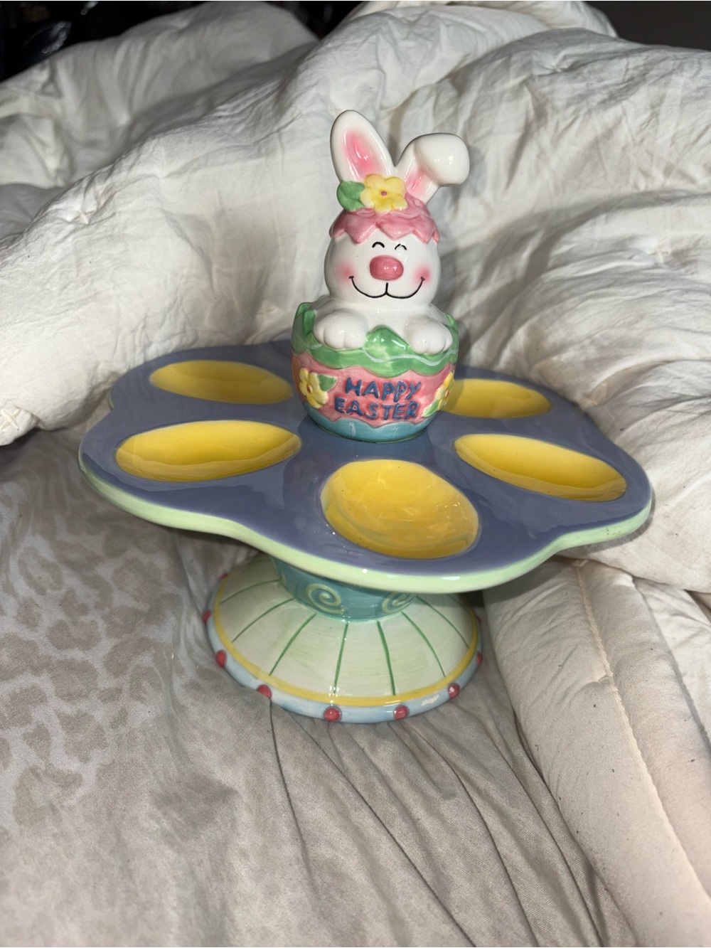 Easter Bunny Egg Tray - Pastel Blue & Yellow Ceramic